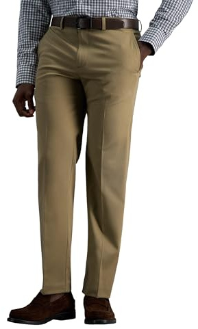 Haggar Men's Premium No Iron Khaki Straight Fit Flat Front Casual Pant, British Khaki, 34W / 34L