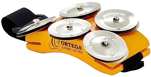 Ortega Guitars Percussion Foot Tambourine - Fußtamburin mit Edelstahl Schellen - Siam Eiche, Orange (OSSFT)