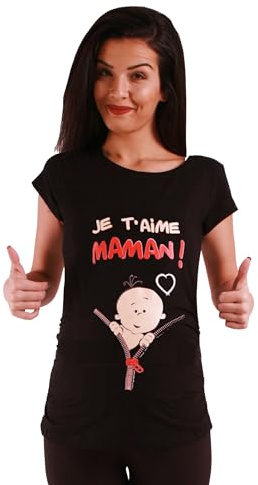 Je T'Aime Maman - Lustige witzige süße Umstandsmode mit Motiv Umstandsshirt für die Schwangerschaft T-Shirt Schwangerschaftsshirt, Kurzarm (Schwarz, Medium)