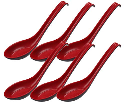 YiZYiF 6Pcs Plastic Noodle Soup Spoons Red and Black Chinese Japanese Ramen Ladles Tasting Spoon Appetizer Spoons with Long Handle Hook Red & Black One Size