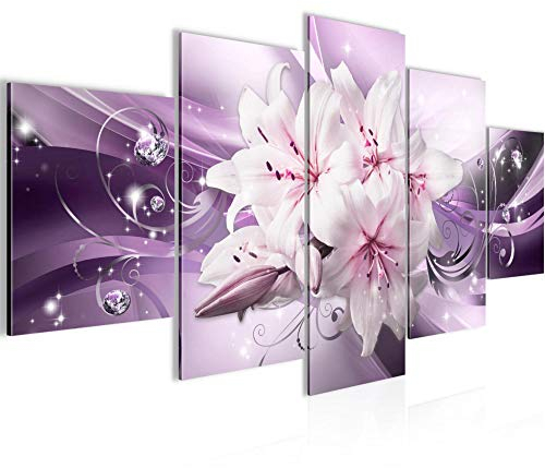 Runa Art Wandbilder Blumen Lilien 5 Teilig Bild auf Vlies Leinwand Deko Wohnzimmer Diamant Violett Lila 020152b