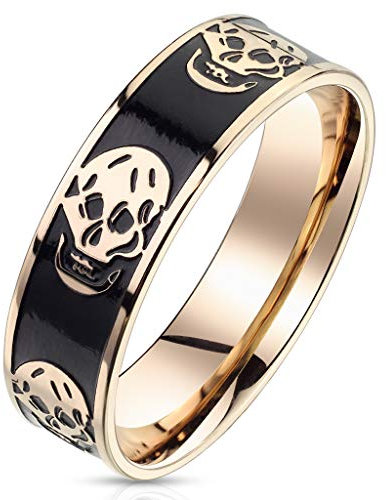 Bague en Acier Chirurgical 316L Or Rosé - Têtes de Mort Or Rosé Gravées Sur Email Noir - 6 mm (64)
