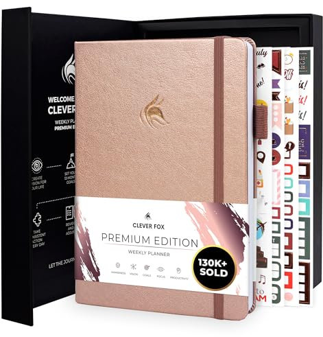 Clever Fox Planificateur Edition Premium – Agenda Hebdomadaire et Mensuel - Augmenter la Productivité et Atteindre vos Objectifs - Organiseur - Non Daté, A5, Dure 1 An - Or Rose