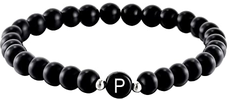 Kim Johanson Partner Perlenarmband mit Buchstabe aus Onyx Stein für Pärchen I Naturstein Freundschaftsarmband in Schwarz I Geschenk für Paare mit Gravur I Für Frauen und Männer inkl. Schmuckbeutel (P)