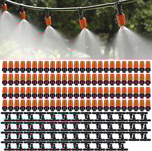 MSDADA 100 Stück Bewaesserung Sprinkler, Einstellbare Micro Drip BewäSserungssprinkler Emitter Tropfsystem Bewässerungsregner für Blumenbeete, GemüSegäRten, Rasen(Orange)