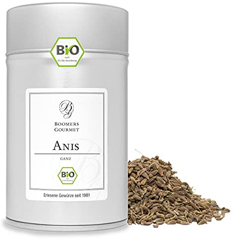 Boomers Gourmet - Bio Anis ganz aus Ägypten – Anissamen handverlesen – 100% naturbelassen – intensives Aroma – ideal für Tee, Backen, Kochen, Ouzo, Raki, Pastis - Gewürzdose 11,5 cm - 70 g