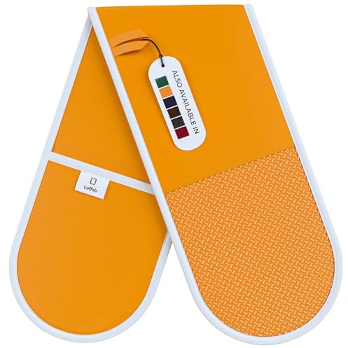 Laffair® Heat Resistant Orange Oven Gloves Double - Non-Slip Silicone Grip Double Oven Gloves - Orange Kitchen Accessories - Maximum Heat Protection