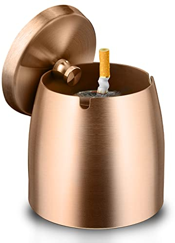 GothicBride Aschenbecher Edelstahl mit Deckel Schwerer Aschenbecher Sturm-Wind Rutschfestem Basis für Draußen und Innen Silber für Zigaretten-Reste und Asche in Garten Bar Büro (Rose-Gold-S-8X6X8)