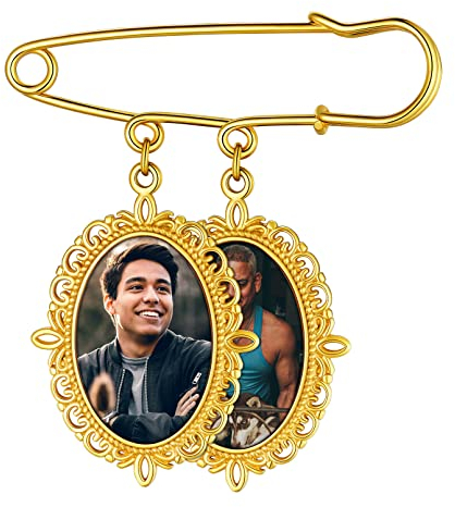 Custom4U Personalisierte Damen Brosche mit 2x Fotoanhänger mit Bild Memorial Anhänger Brautstrauß Gold Anstecknadel Hochzeit Oval Brosche Anstecker für Hochzeitsblumen Hochzeitsbouquet Pin