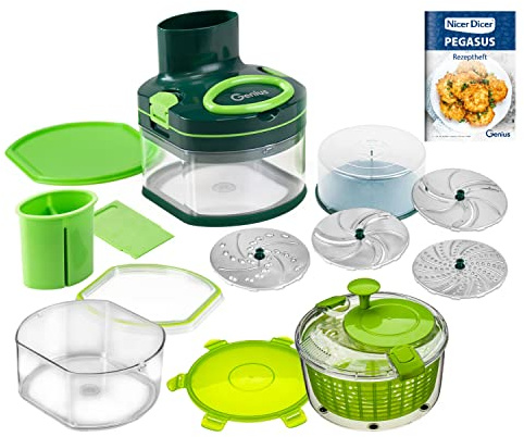 Genius Nicer Dicer Pegasus Gemüsezerkleinerer Deluxe-Set 20-tlg | Handzugdeckel | geringer Kraftaufwand | Gemüseschneider für schnelles & sicheres Arbeiten + Salatschleuder…, Grün