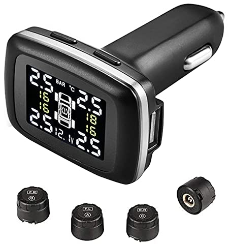 OBEST Sistema de control de presión de los neumáticos - Monitor inalámbrico TPMS con 4 sensores externos - Ángulo de visión ajustable - Toma de encendedor y puerto de carga USB