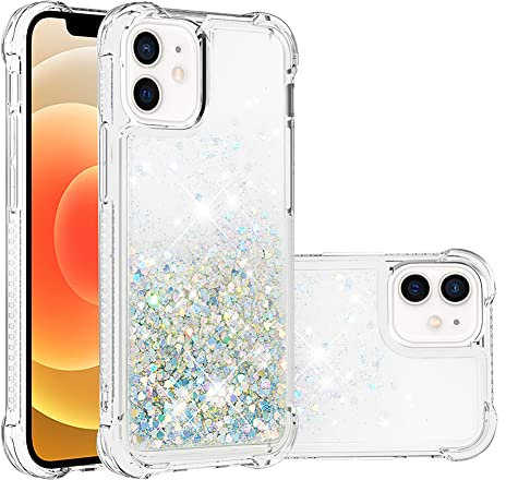 IMEIKONST Compatible with iPhone 12 Pro Glitter Case, Liquid Sparkle Quicksand Clear Transparent Sequin Girls Slim TPU Bumper Silicone Shockproof Cover for iPhone 12/12 Pro. Love Silver YBW