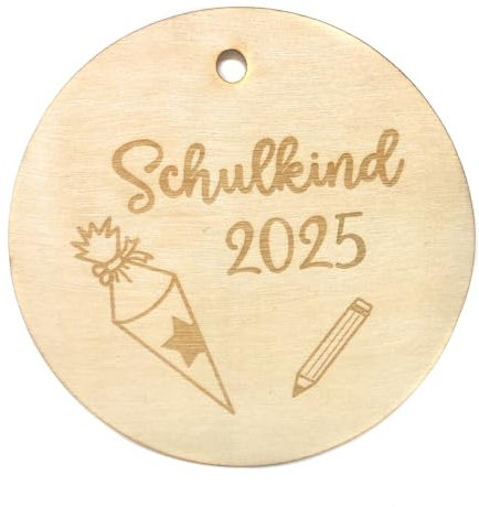 Holz Grußkarte Holz-Scheibe gelasert 10 cm Durchmesser (Schulkind 2025)