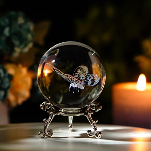 HDCRYSTALGIFTS 3D-Laser-Schmetterling-Kristallkugel, Briefbeschwerer, Glaskugel, Figuren, dekorative Kugeln, Geschenk (60 mm)