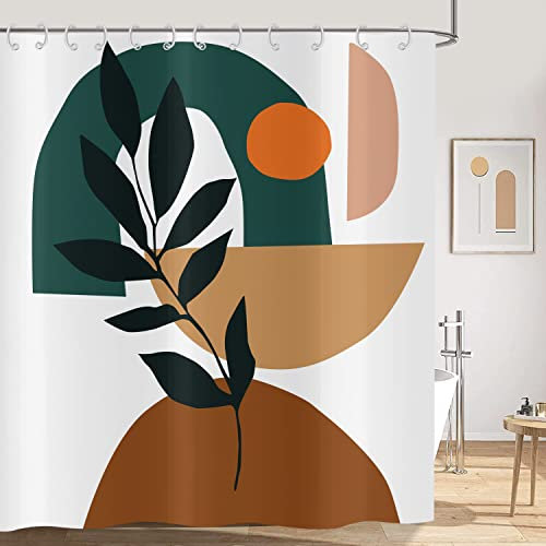 Duschvorhang Boho 180x200, Hnmdmyi Mid Century Abstrakt Terracotta Ästhetische Pflanze Eukalyptus Sonne Badewanne Vorhang Modern Minimalistisch Geometrisch Kunst Wasserdicht Stoff Waschbar Badevorhang