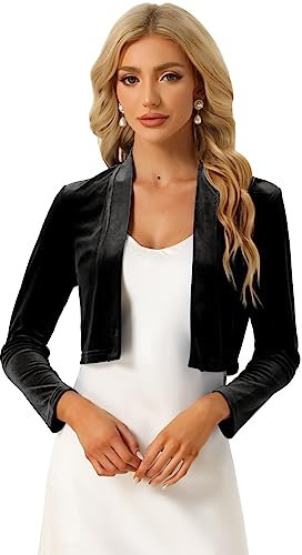 Allegra K Velvet Shrug for Womenlong Sleeve Open Front Cardigan Cropped Bolero Jacket Black m