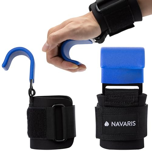 Navaris Zughilfen mit Haken für Krafttraining - Zughilfe Set für Fitness Bodybuilding Gelenkschutz - Profi Kraftsport Straps mit Metallhaken - Blau