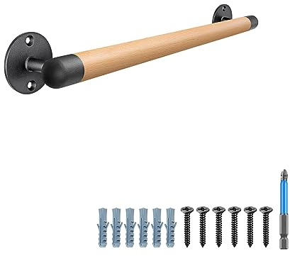 SELEWARE Corrimano in legno da 24 pollici Corrimano per scale interne Corrimano per montaggio a parete con robusti ganci in metallo, barra di presa per scale senza barriere per anziani
