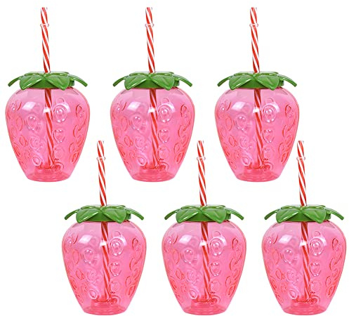 Starnearby Trinkglas mit Deckel Plastikbecher -500 ml Party Becher Kaltes Kunststoffbecher Mehrweg(6er Erdbeeren)