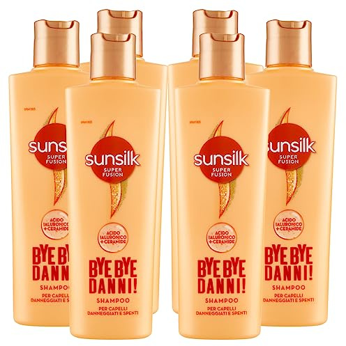 Sunsilk Bye Bye Danni Shampoo Nutriente Rafforzante per Capelli Danneggiati e Spenti con Acido Ialuronico e Ceramide - 6 Flaconi da 220ml