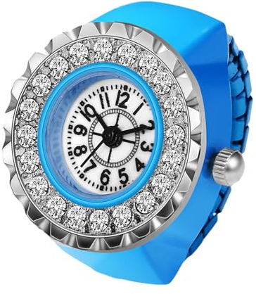 JewelryWe Ringuhr Fingeruhr Damen Elastisch - Elegant Glitzer Strass Rund Analog Quarz Fingerringuhr Ring Uhr Uhrenring mit Blau Legierung Elastisch Band