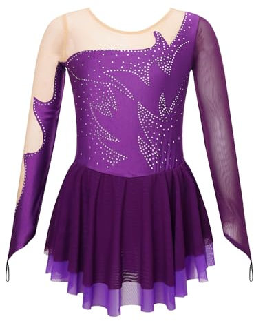 Aislor Tanzkleid Mädchen Pailletten Eiskunstlauf Kleid Kinder Langarm Ballettkleid Tanztrikot mit Rock Kleider Gymnastikanzug Wettbewerb Tanz Kostüme X Lila 170-176