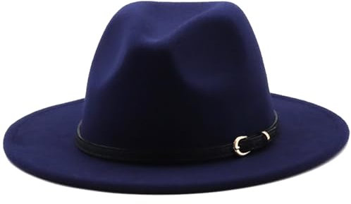HEYANN Fedora Hut Damen Herren mit breiter Krempe mit Gürtelschnalle Filz Unisex Trilby-Hut Herren Panama Hut Jazz Hut für Damen Herren (L, Marineblau)