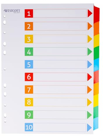 Westcott Registre pour classeurs A4 | Intercalaires Din A4 | 10 onglets inscriptibles en 5 couleurs comme organiseur de classeur | Robuste 160 g/m², perforation européenne | E-1733311 00
