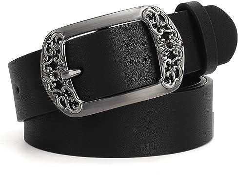 SUOSDEY Damen Ledergürtel Klassisch Schwarz Floral Pin Buckle Gürtel für Jeans Kleid Mode Gürtel schwarz