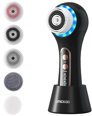 UMICKOO Gesichtsschrubber, Peeling, Gesichtsreinigungsbürste, wiederaufladbar, IPX7, wasserdicht, mit 5 Bürstenköpfen, Gesichtsdrehbürste für Peeling, Massage und Tiefenreinigung