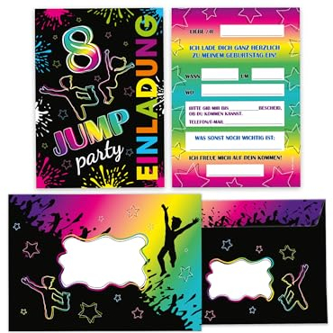 Limonia 12 Einladungskarten inkl. 12 Umschläge zum 8. Geburtstag Jump Party Trampolin neon Einladung Set Geburtstag Mädchen Kinder Jungs Jungen Boys Teenies