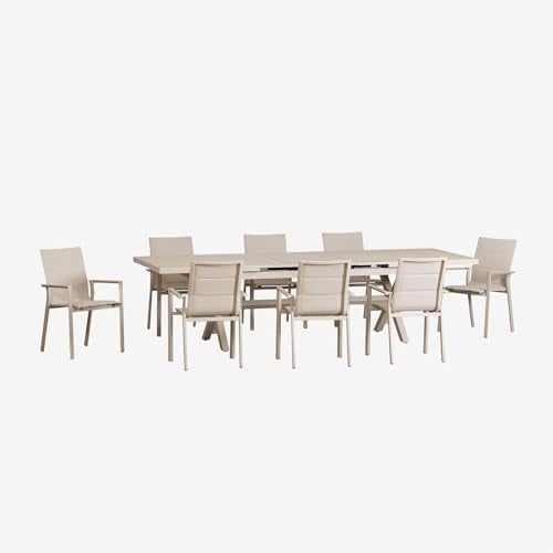 SKLUM Karena rechteckiges ausziehbares Tischset 240-300x100 cm und 8 stapelbare Gartenstühle mit Aluminiumarmlehnen