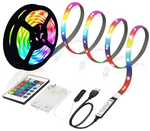 MUSUNIA Ruban LED RVB 5050 à piles ou USB, 5 m, intensité variable réglable à distance, 16 couleurs, découpable pour rétroéclairage TV, armoires, escaliers