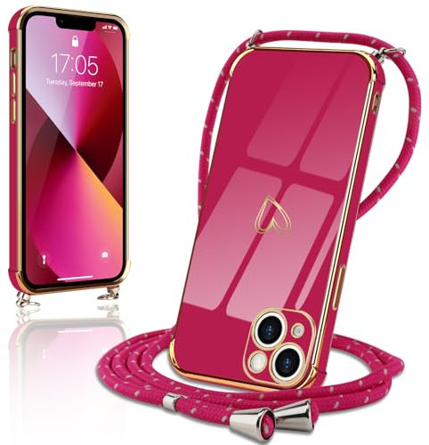 Micoden Handykette kompatibel mit iPhone 14 Necklace Hülle mit Band Ultra dünn Kameraschutz Herz Love Design Galvanik Silikon Case Bumper Kordel zum Umhängen Handyhülle Stoßfeste Schutzhülle,Rosa Rot