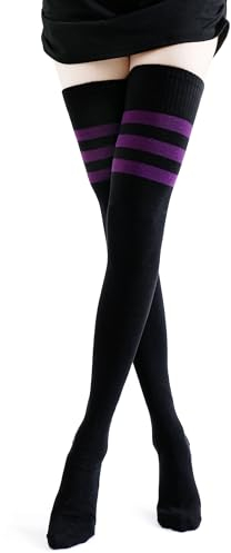 Kayhoma Extra Long Cotton Stripe Thigh High Socks Over the Knee High Plus Size Stockings…, Purple/Black, M