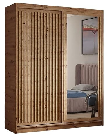 MRGROUP Kleiderschrank Dart mit Lamellen und Spiegel inklusive 2 Schiebetüren Schwebetürenschrank ((Artisan, Artisan, Lamelle Artisan), 160 cm)