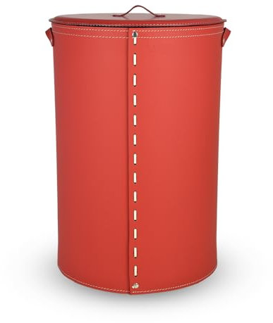 LIMAC Design ROBY Wäschesammler aus Leder mit Baumwollinnensack, Wäschekorb mit Deckel, Wäschebox modern, Laundry Baskets für Waschküche, Hergestellt in Italien (Rot)