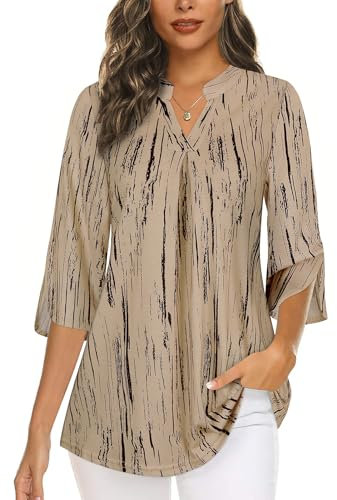 Flikity Plus Size Tops for Women UK 3/4 Sleeve Ladies Tops Work Office Clothes Dress Shirts Flowy V Neck Tunics Tops Business Attire Dressy Formal Professional Ladies Blouses Beige Stripe XX-Large