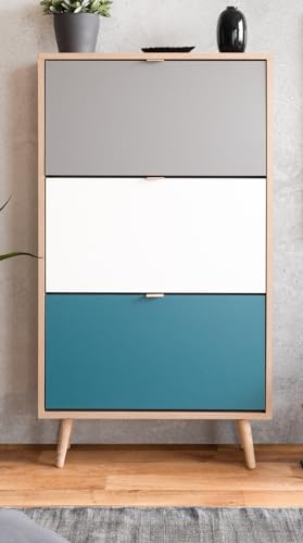 Furn.Design Schuhschrank in Sonoma Eiche hell mit Grün, Weiß und Grau, skandinavischer Stil, Schuhkipper Tricolor 70 x 125 cm, Colory