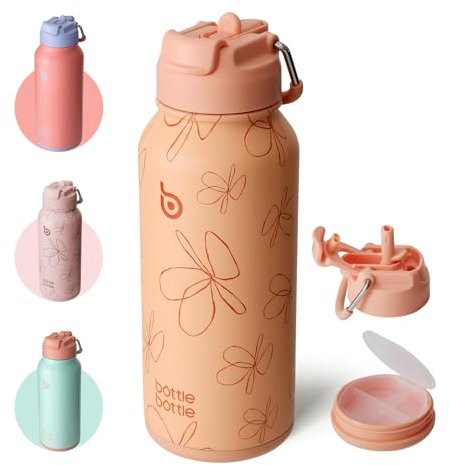 BOTTLE BOTTLE Insulated Water Bottle 950ml(32oz) Stainless Steel Sports Water Bottles with Straw Dual-use Lid Drink Flask Design for Gym with Pill Box (Yellow-Pinky Flower)