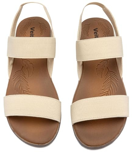 Veittes Sandales plates pour femme, sandales plates d'été confortables avec bride élastique à la cheville et double bande,beige,41 EU,2107021