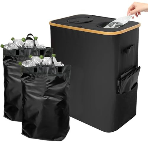 Qivine 140L Cubos Reciclaje Cocina con Tapa, Contenedor de Basura Plegable, Portátil Cubo Basura 2 Compartimentos para Botellas de Vacías, Vidrio