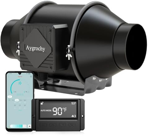 Aygrochy 100mm WiFi App Rohrventilator, EC-Motor 30W 363m³/h, 2800 U/min Abluftventilator mit Temperatur- und Feuchtigkeitsregler, Rohrlüfter für Wachstumszelte, Luftabsaugung und Rauchabzug