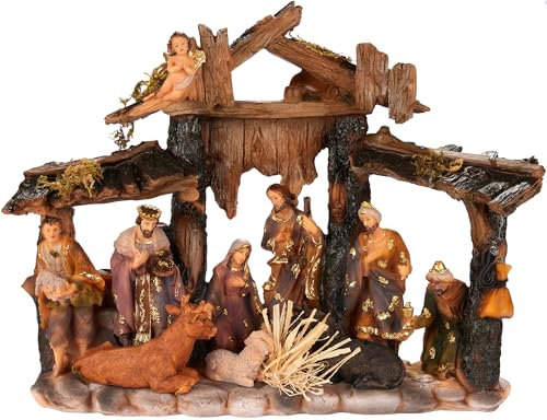 BRUBAKER Presepe di Natale – 34 cm presepe da tavolo con personaggi dipinti a mano Gesù, Maria, Giuseppe e Re nella stalla, con animali, decorazione natalizia in poliresina
