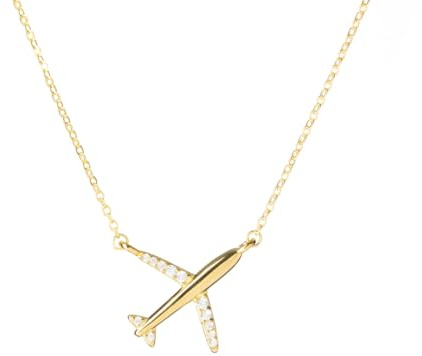 WearTravelers Halskette mit Flugzeug aus 925er Silber und Zirkonia – Anhänger Flugzeug mit Zirkonia an den Flügeln – Geschenkidee für Damen oder Mädchen – Modell New York (Gold)