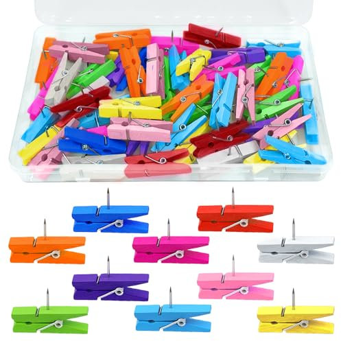 Alethron Pinnadeln Holz, 50 Stück Bunt Reißzwecken, Natürlich Holz Pins für Pinnwand, Pinnwand Pins Push Pin Clips Pinnwandnadeln Holzklammern mit Stecknadeln für Fotos Karten Notizen Wand Kork Boards