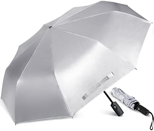 ZOMAKE UV Umbrella for Sun Protection UPF 50+,Sun Umbrella UV Protection,43 Inch Travel Compact Brolly Solar Blocking Reflective Windproof Auto Open Close with Wooden Handle (Silver/Navy Blue)