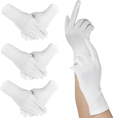 HaiFafafaing 4 Paar Weiße Satin Handschuhe Seidenhandschuhe Damen Kurze Elegant Brauthandschuhe Stretch Formelle Oper Handschuhen für Halloween Karneval Hochzeitsbankettkleider Partytänze