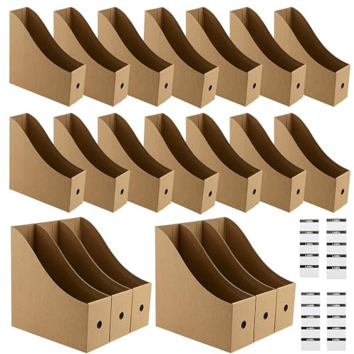 JIEHIN Lot de 20 porte-revues marron en papier kraft - 26 x 9 x 27 cm - Porte-revues de bureau - Porte-revues A4 - Avec étiquettes pour fournitures de bureau
