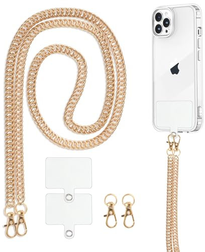 Knrlqim Cordon Telephone Portable Universelle avec 2 Patchs, Lot de Universal Chaine Telephone Portable Collier de Longe pour Cou et Poignet, Compatibles avec Plupart des Smartphones, Or